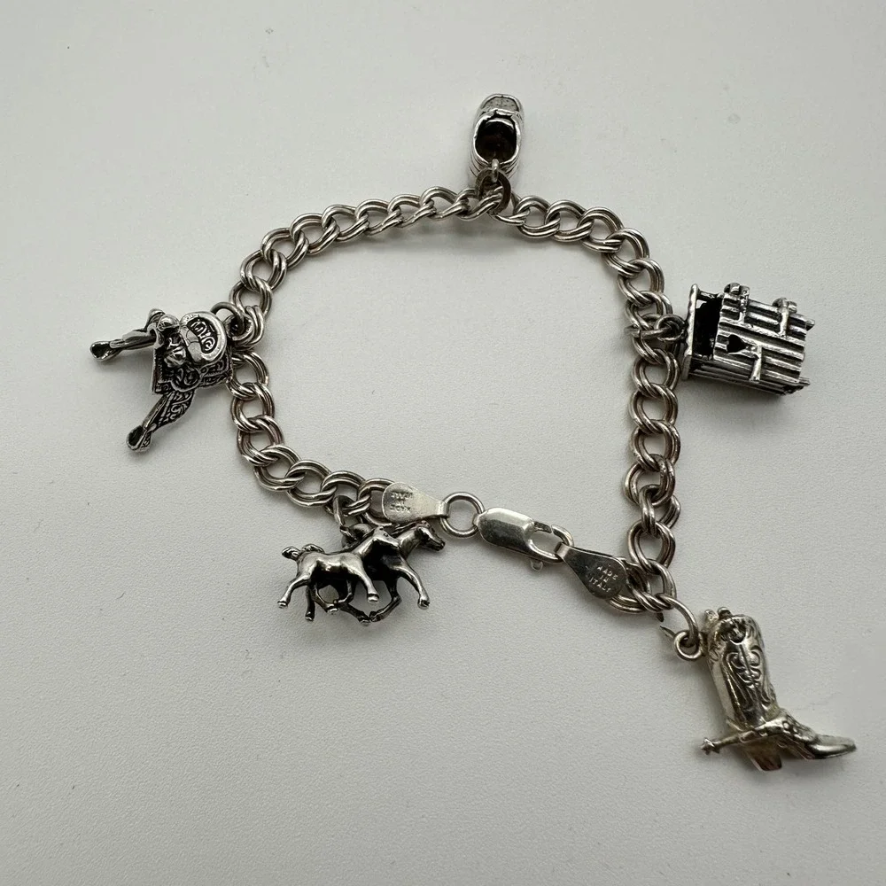 Kids Sterling Silver 925 Western Charm Bracelet Horses Boot Outhouse 22g Italy